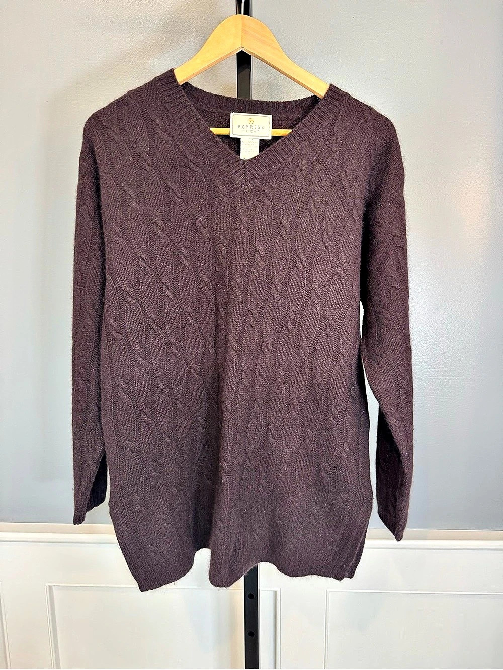 Vintage Express Tricot Lambswool Angora Cable Knit V Neck Sweater Brown M
